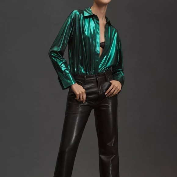 NWT Anthropologie green shiny Button‎ down Shirt size small - Picture 7 of 7
